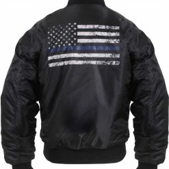Rothco Black Air Force MA-1 Bomber Flight Jacket With US Flag TBL Thin Blue Line Flag Support Police