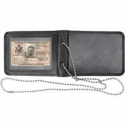 Army Navy Store Black Leather Bi-Fold ID Holder & Neck Chain Clear PVC Pocket Wallet Wallets