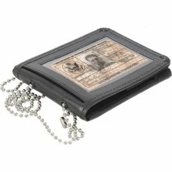 Army Navy Store Black Leather Bi-Fold ID Holder & Neck Chain Clear PVC Pocket Wallet Wallets