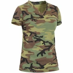 Rothco Shirts Woodland Camouflage - Womens Long Length V-Neck T-Shirt