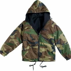Rothco Woodland Camouflage Black - Reversible Outdoor Hooded Jacket - Nylon Fleece Jackets / Coats