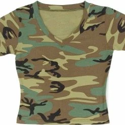 Rothco Shirts Woodland Camouflage - Womens Military Short Sleeve V-Neck T-Shirt
